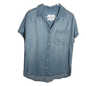 Lola Rivers Blouse Women's Small Chambray Button Up Short Sleeve Collared Top